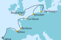 Visitando Lisboa (Portugal), Bilbao (España), Burdeos (Francia), Le Havre (Francia), Ijmuiden (Ámsterdam), Hamburgo (Alemania), Hamburgo (Alemania), Southampton (Inglaterra)