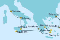 Visitando Estambul (Turquía), Kusadasi (Efeso/Turquía), Atenas (Grecia), Mykonos (Grecia), Santorini (Grecia), Katakolon (Olimpia/Grecia), La Valletta (Malta), Catania (Sicilia), Salerno (Italia), Civitavecchia (Roma)