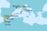 Visitando Marsella (Francia), Málaga, Cádiz (España), Tánger (Marruecos), Ceuta (España), Alicante (España), Civitavecchia (Roma), Génova (Italia), Marsella (Francia)