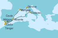 Visitando Málaga, Cádiz (España), Tánger (Marruecos), Ceuta (España), Alicante (España), Civitavecchia (Roma), Génova (Italia), Marsella (Francia), Málaga