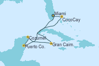 Visitando Miami (Florida/EEUU), Gran Caimán (Islas Caimán), Cozumel (México), Puerto Costa Maya (México), CocoCay (Bahamas), Miami (Florida/EEUU)