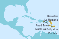 Visitando La Romana (República Dominicana), Martinica (Antillas), Bridgetown (Barbados), Pointe a Pitre (Guadalupe), Basseterre (Antillas), Road Town (Isla Tórtola/Islas Vírgenes), La Romana (República Dominicana)