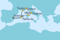 Visitando Valencia, Olbia (Cerdeña), Civitavecchia (Roma), Savona (Italia), Toulon (Francia), Palma de Mallorca (España), Valencia