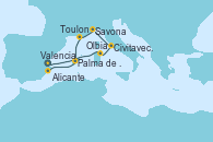 Visitando Valencia, Olbia (Cerdeña), Civitavecchia (Roma), Savona (Italia), Toulon (Francia), Palma de Mallorca (España), Alicante (España)