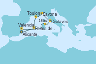 Visitando Alicante (España), Olbia (Cerdeña), Civitavecchia (Roma), Savona (Italia), Toulon (Francia), Palma de Mallorca (España), Valencia