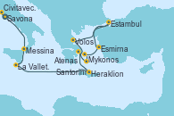 Visitando Savona (Italia), Civitavecchia (Roma), Messina (Sicilia), La Valletta (Malta), Heraklion (Creta), Atenas (Grecia), Volos (Grecia), Estambul (Turquía), Esmirna (Turquía), Mykonos (Grecia), Santorini (Grecia), Atenas (Grecia)