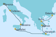 Visitando Savona (Italia), Civitavecchia (Roma), Messina (Sicilia), La Valletta (Malta), Heraklion (Creta), Atenas (Grecia), Volos (Grecia), Estambul (Turquía)