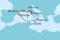 Visitando Civitavecchia (Roma), Génova (Italia), Marsella (Francia), Barcelona, Palma de Mallorca (España), La Goulette (Tunez), Palermo (Italia), Civitavecchia (Roma)