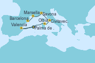 Visitando Palma de Mallorca (España), Valencia, Olbia (Cerdeña), Civitavecchia (Roma), Savona (Italia), Marsella (Francia), Barcelona