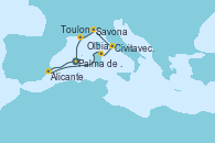Visitando Palma de Mallorca (España), Alicante (España), Olbia (Cerdeña), Civitavecchia (Roma), Savona (Italia), Toulon (Francia), Palma de Mallorca (España)