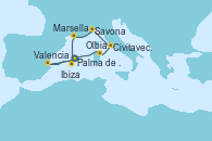 Visitando Palma de Mallorca (España), Valencia, Olbia (Cerdeña), Civitavecchia (Roma), Savona (Italia), Marsella (Francia), Ibiza (España)