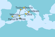 Visitando Ibiza (España), Valencia, Olbia (Cerdeña), Civitavecchia (Roma), Savona (Italia), Toulon (Francia), Palma de Mallorca (España)