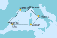 Visitando Génova (Italia), Marsella (Francia), Valencia, Ibiza (España), Cagliari (Cerdeña), Civitavecchia (Roma), Génova (Italia)