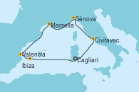 Visitando Cagliari (Cerdeña), Civitavecchia (Roma), Génova (Italia), Marsella (Francia), Valencia, Ibiza (España), Cagliari (Cerdeña)
