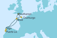 Visitando Southampton (Inglaterra), Brest (Francia), Puerto Leixões (Portugal), Vigo (España), Cherburgo (Francia), Southampton (Inglaterra)