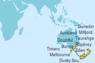 Visitando Sydney (Australia), Eden (Nueva Gales), Burnie (Tasmania/Australia), Melbourne (Australia), Dusky Sound (Nueva Zelanda), Milfjord Sound (Nueva Zelanda), Doubtful Sound (Nueva Zelanda), Dunedin (Nueva Zelanda), Timaru (Nueva Zelanda), Tauranga (Nueva Zelanda), Auckland (Nueva Zelanda)