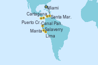 Visitando Miami (Florida/EEUU), Santa Marta (Colombia), Cartagena de Indias (Colombia), Canal Panamá, Puerto Cristóbal (Panamá), Puerto Cristóbal (Panamá), Manta (Ecuador), Salaverry (Perú), Lima (Callao/Perú), Lima (Callao/Perú)