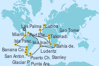 Visitando Miami (Florida/EEUU), Fuerte Amador (Panamá), Fuerte Amador (Panamá), Guayaquil (Ecuador), Banana Coast (Trujillo/Honduras), Lima (Callao/Perú), Lima (Callao/Perú), Lima (Callao/Perú), Pisco (Perú), Isla Pascua (Chile), Isla Pascua (Chile), Isla Robinson Crusoe (Chile), Santa Clara Island (Chile), San Antonio (Chile), Puerto Montt (Chile), Castro (Chile), Puerto Chacabuco (Chile), Cruceros panorámicos por el Canal Ancho, Cruceros panorámicos en el fiordo Eyre, Glaciar Pio XI (Chile), Cruceros panorámicos en el fiordo de Peel, Glaciar Brujo, Chile, Punta Arenas (Chile), Garibaldi Glacier, Chile, Ushuaia (Argentina), Stanley (Malvinas), Stanley (Malvinas), Stanley (Malvinas), Montevideo (Uruguay), Buenos aires, Buenos aires, Isla Inaccesible (Reino Unido), Tristan da Cunha (Oceano Atlantico), Islas Nightingale (Santa Helena), Bahía de Richards (Sudáfrica), Maputo (Mozambique), Durban (Sudáfrica), Port Elizabeth (San Vicente y Granadinas), Mossel Bay (Sudáfrica), Ciudad del Cabo (Sudáfrica), Ciudad del Cabo (Sudáfrica), Luderitz (Namibia), Walvis Bay (Namibia), Walvis Bay (Namibia), Luanda (Angola), Sao Tome (Bon Bon Islands), Cotonou (Benin), Tema (Ghana), Takoradi (Ghana), Dakar (Senegal), Mindelo (Cabo Verde), Las Palmas de Gran Canaria (España), Arrecife (Lanzarote/España), Casablanca (Marruecos), Tánger (Marruecos), Cádiz (España), Lisboa (Portugal)