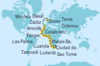 Visitando Ciudad del Cabo (Sudáfrica), Luderitz (Namibia), Walvis Bay (Namibia), Walvis Bay (Namibia), Luanda (Angola), Sao Tome (Bon Bon Islands), Cotonou (Benin), Tema (Ghana), Takoradi (Ghana), Dakar (Senegal), Mindelo (Cabo Verde), Las Palmas de Gran Canaria (España), Arrecife (Lanzarote/España), Casablanca (Marruecos), Tánger (Marruecos), Cádiz (España), Lisboa (Portugal), Puerto Leixões (Portugal), La Coruña (Galicia/España), Saint Malo (Francia), Cherbourg (Francia), Rouen (Francia), Rouen (Francia), Dover (Inglaterra)