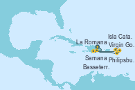 Visitando La Romana (República Dominicana), Samana (República Dominicana), Virgin Gorda (Islas Virgenes), Philipsburg (St. Maarten), Basseterre (Antillas), Isla Catalina (República Dominicana), La Romana (República Dominicana)