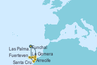 Visitando Funchal (Madeira), Arrecife (Lanzarote/España), Santa Cruz de Tenerife (España), La Gomera (Islas Canarias/España), Fuerteventura (Canarias/España), Las Palmas de Gran Canaria (España), La Gomera (Islas Canarias/España), Funchal (Madeira)