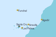 Visitando Santa Cruz de Tenerife (España), Arrecife (Lanzarote/España), Agadir (Marruecos), Las Palmas de Gran Canaria (España), Funchal (Madeira), Santa Cruz de Tenerife (España)
