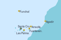 Visitando Santa Cruz de Tenerife (España), Arrecife (Lanzarote/España), Agadir (Marruecos), Fuerteventura (Canarias/España), Las Palmas de Gran Canaria (España), Funchal (Madeira), Santa Cruz de Tenerife (España)