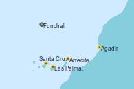 Visitando Funchal (Madeira), Santa Cruz de Tenerife (España), Arrecife (Lanzarote/España), Agadir (Marruecos), Las Palmas de Gran Canaria (España), Funchal (Madeira)
