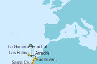Visitando Funchal (Madeira), Santa Cruz de Tenerife (España), Fuerteventura (Canarias/España), Arrecife (Lanzarote/España), Arrecife (Lanzarote/España), Las Palmas de Gran Canaria (España), Fuerteventura (Canarias/España), La Gomera (Islas Canarias/España), Santa Cruz de Tenerife (España), Funchal (Madeira)