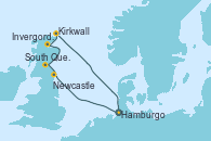 Visitando Hamburgo (Alemania), Newcastle (Reino Unido), South Queensferry (Escocia), Invergordon (Escocia), Kirkwall (Escocia), Hamburgo (Alemania)