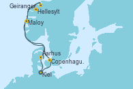 Visitando Kiel (Alemania), Copenhague (Dinamarca), Hellesylt (Noruega), Geiranger (Noruega), Maloy (Noruega), Aarhus (Dinamarca), Kiel (Alemania)