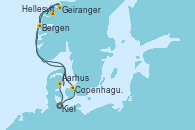 Visitando Kiel (Alemania), Copenhague (Dinamarca), Hellesylt (Noruega), Geiranger (Noruega), Bergen (Noruega), Aarhus (Dinamarca), Kiel (Alemania)