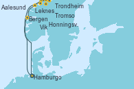 Visitando Hamburgo (Alemania), Bergen (Noruega), Leknes (Noruega), Tromso (Noruega), Honningsvag (Noruega), Trondheim (Noruega), Aalesund (Noruega), Vik (Noruega), Hamburgo (Alemania)
