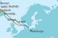 Visitando Hamburgo (Alemania), Lerwick (Escocia), Reykjavik (Islandia), Grundafjord (Islandia), Ísafjörður (Islandia), Akureyri (Islandia), Seydisfjordur (Islandia), Kirkwall (Escocia), Hamburgo (Alemania)