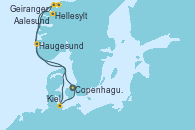 Visitando Copenhague (Dinamarca), Hellesylt (Noruega), Geiranger (Noruega), Aalesund (Noruega), Haugesund (Noruega), Kiel (Alemania), Copenhague (Dinamarca)