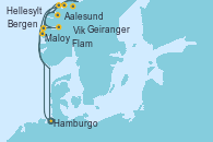 Visitando Hamburgo (Alemania), Maloy (Noruega), Hellesylt (Noruega), Geiranger (Noruega), Aalesund (Noruega), Flam (Noruega), Bergen (Noruega), Vik (Noruega), Hamburgo (Alemania)