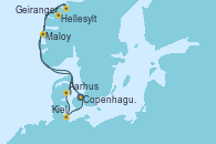 Visitando Copenhague (Dinamarca), Hellesylt (Noruega), Geiranger (Noruega), Maloy (Noruega), Aarhus (Dinamarca), Kiel (Alemania), Copenhague (Dinamarca)