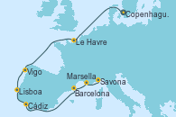 Visitando Copenhague (Dinamarca), Le Havre (Francia), Vigo (España), Lisboa (Portugal), Cádiz (España), Barcelona, Marsella (Francia), Savona (Italia)