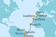 Visitando Santos (Brasil), Río de Janeiro (Brasil), Salvador de Bahía (Brasil), Maceió (Brasil), Puerto Praia (Cabo Verde), Las Palmas de Gran Canaria (España), Casablanca (Marruecos), Málaga, Oporto (Portugal)