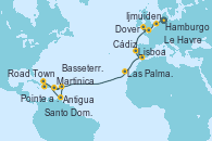 Visitando Hamburgo (Alemania), Ijmuiden (Ámsterdam), Dover (Inglaterra), Le Havre (Francia), Lisboa (Portugal), Cádiz (España), Las Palmas de Gran Canaria (España), Martinica (Antillas), Pointe a Pitre (Guadalupe), Basseterre (Antillas), Antigua (Antillas), Road Town (Isla Tórtola/Islas Vírgenes), Santo Domingo (República Dominicana)