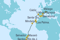 Visitando Savona (Italia), Barcelona, Málaga, Cádiz (España), Lisboa (Portugal), Las Palmas de Gran Canaria (España), Santa Cruz de Tenerife (España), Mindelo (Cabo Verde), Maceió (Brasil), Salvador de Bahía (Brasil), Río de Janeiro (Brasil), Santos (Brasil)