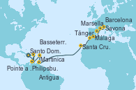 Visitando Santo Domingo (República Dominicana), Philipsburg (St. Maarten), Martinica (Antillas), Pointe a Pitre (Guadalupe), Basseterre (Antillas), Antigua (Antillas), Santa Cruz de Tenerife (España), Tánger (Marruecos), Málaga, Barcelona, Marsella (Francia), Savona (Italia)