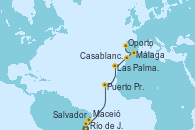Visitando Río de Janeiro (Brasil), Salvador de Bahía (Brasil), Maceió (Brasil), Puerto Praia (Cabo Verde), Las Palmas de Gran Canaria (España), Casablanca (Marruecos), Málaga, Oporto (Portugal)