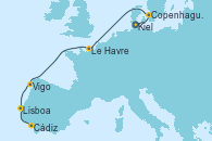 Visitando Kiel (Alemania), Copenhague (Dinamarca), Le Havre (Francia), Vigo (España), Lisboa (Portugal), Cádiz (España)