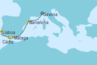 Visitando Savona (Italia), Barcelona, Málaga, Cádiz (España), Lisboa (Portugal)