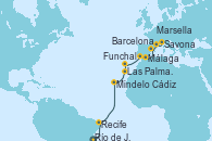 Visitando Río de Janeiro (Brasil), Recife (Brasil), Mindelo (Cabo Verde), Las Palmas de Gran Canaria (España), Funchal (Madeira), Cádiz (España), Málaga, Barcelona, Marsella (Francia), Savona (Italia)