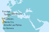Visitando Santa Cruz de Tenerife (España), La Gomera (Islas Canarias/España), Fuerteventura (Canarias/España), Arrecife (Lanzarote/España), Las Palmas de Gran Canaria (España), Funchal (Madeira), Tánger (Marruecos), Barcelona