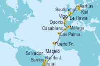 Visitando Itajaí (Brasil), Santos (Brasil), Río de Janeiro (Brasil), Salvador de Bahía (Brasil), Maceió (Brasil), Puerto Praia (Cabo Verde), Las Palmas de Gran Canaria (España), Casablanca (Marruecos), Málaga, Oporto (Portugal), Vigo (España), Le Havre (Francia), Southampton (Inglaterra), Aarhus (Dinamarca), Kiel (Alemania)