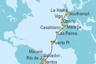 Visitando Santos (Brasil), Río de Janeiro (Brasil), Salvador de Bahía (Brasil), Maceió (Brasil), Puerto Praia (Cabo Verde), Las Palmas de Gran Canaria (España), Casablanca (Marruecos), Málaga, Oporto (Portugal), Vigo (España), Le Havre (Francia), Southampton (Inglaterra)