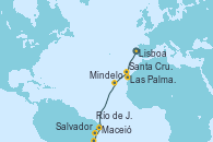 Visitando Lisboa (Portugal), Las Palmas de Gran Canaria (España), Santa Cruz de Tenerife (España), Mindelo (Cabo Verde), Maceió (Brasil), Salvador de Bahía (Brasil), Río de Janeiro (Brasil)